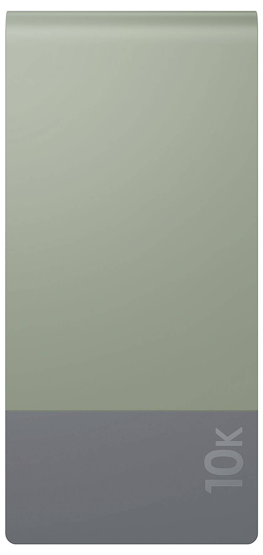 A two-tone power bank with a grey-green upper section and a dark grey lower section, displaying a capacity of '10k'.