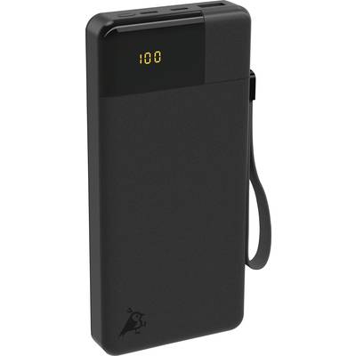 A black power bank with a digital display shows '100', indicating the charge level in percentage. It has a sleek design with a small penguin logo.