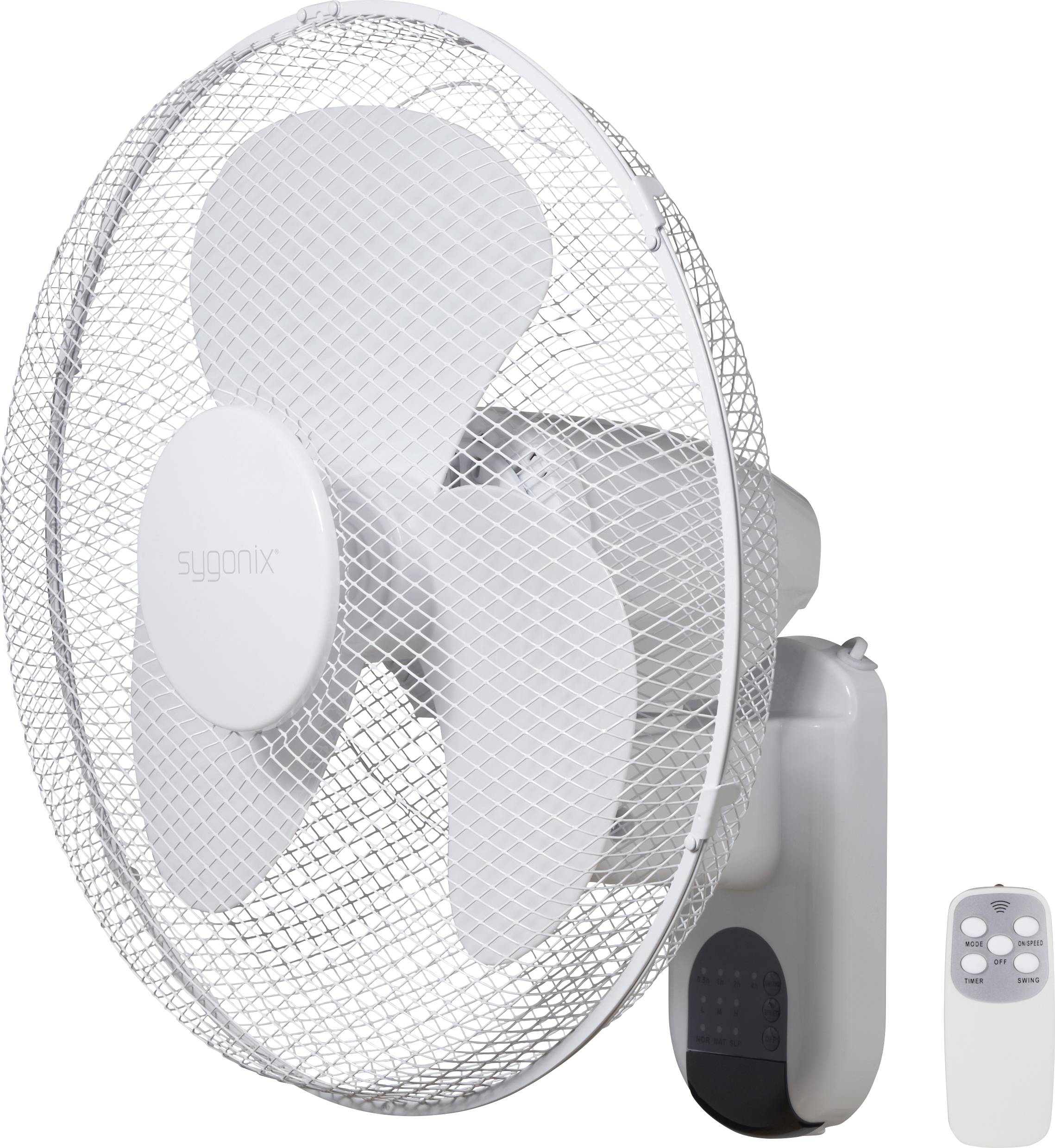 A white wall-mounted fan with three blades and a protective grille is shown together with a remote control.