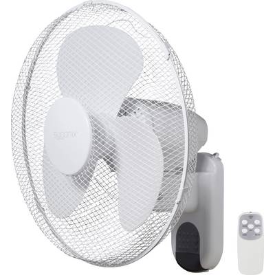 A white wall-mounted fan with three blades and a protective grille is shown together with a remote control.