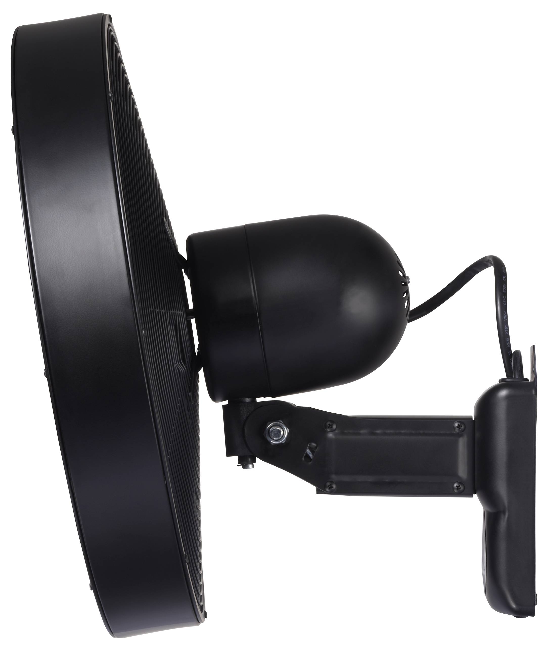A side view of a black industrial fan with rounded edges and a wall-mounting bracket.