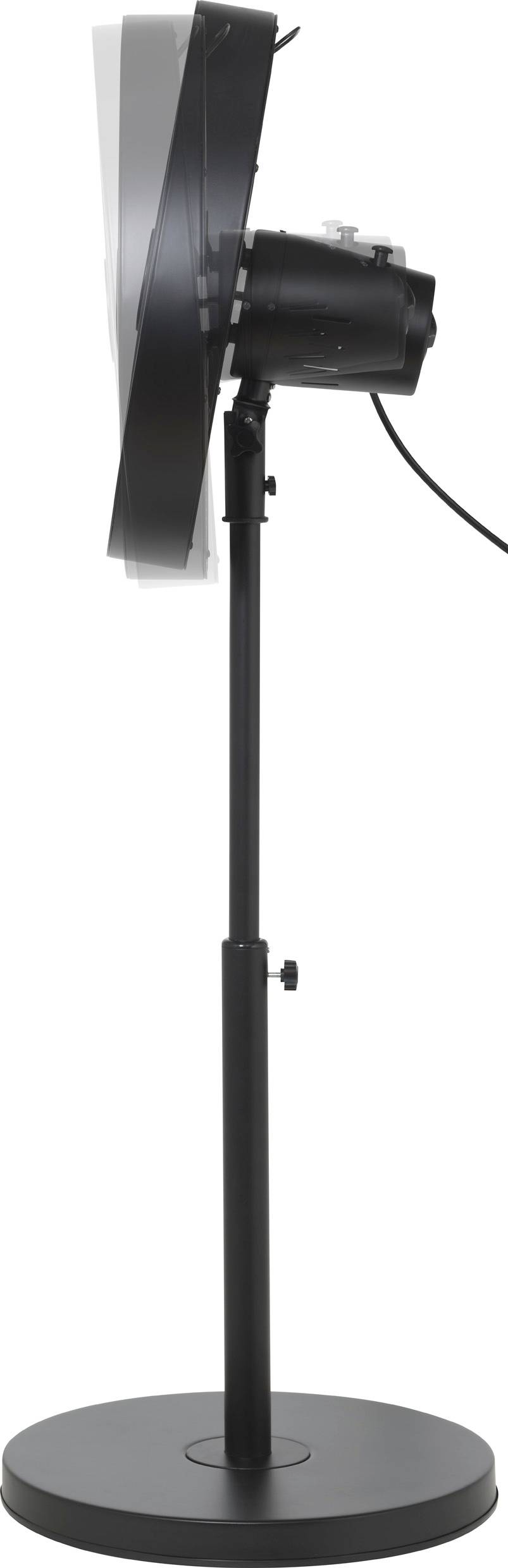 Standing fan in side view with black stand and adjustable tilt angle. Cable hanging at the back.