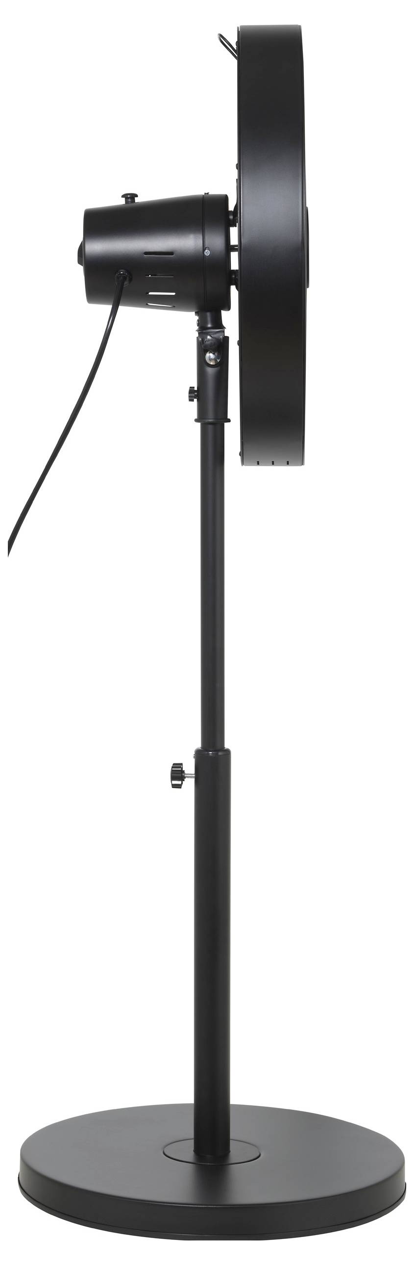 Black pedestal fan viewed from the side, with adjustable stand and circular housing, for room cooling.
