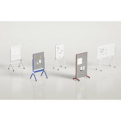 Five mobile boards in different colours stand on wheels. Three boards are white, one blue and one red. They display diagrams and notes.