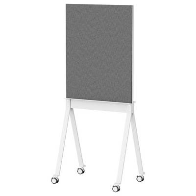 Mobile grey whiteboard with white frame, standing on four wheels. Ideal for presentations or offices for flexible use.