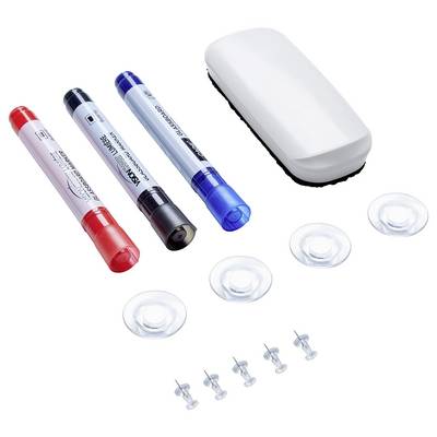 Whiteboard Accessories: three coloured pens (red, black, blue), an eraser, four suction cups, five drawing pins.