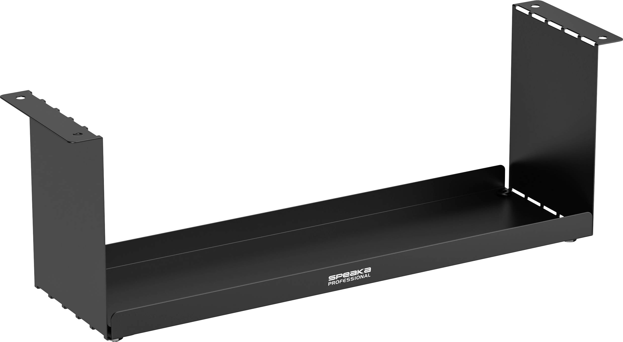 Black metal rack with side mountings, suitable for securing equipment in an electronic installation or cabinet.