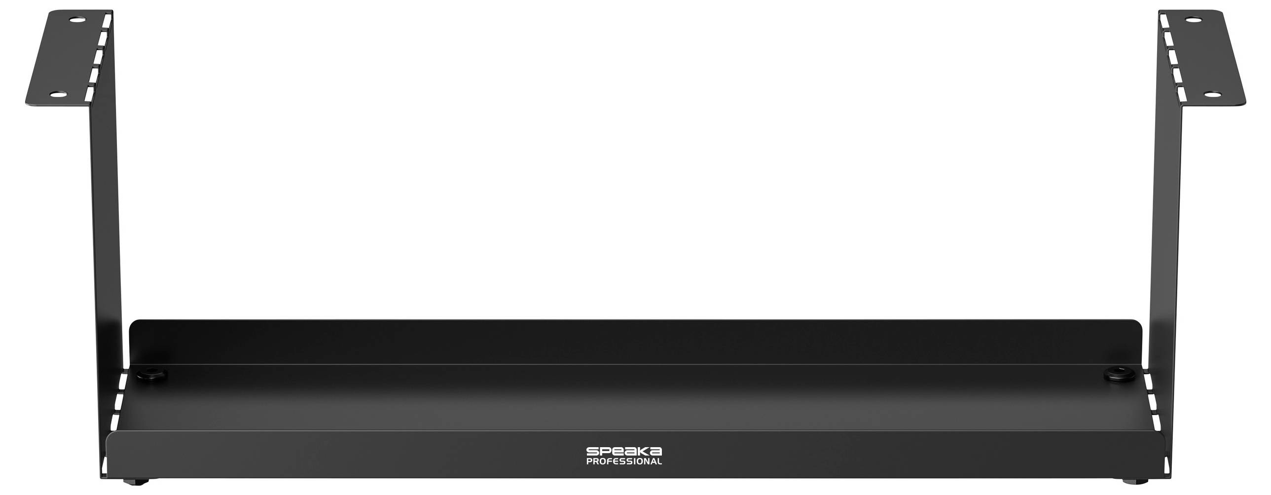 Metal shelving unit, black, for wall mounting, rectangular, with two side brackets and screw holes, suitable for various devices.