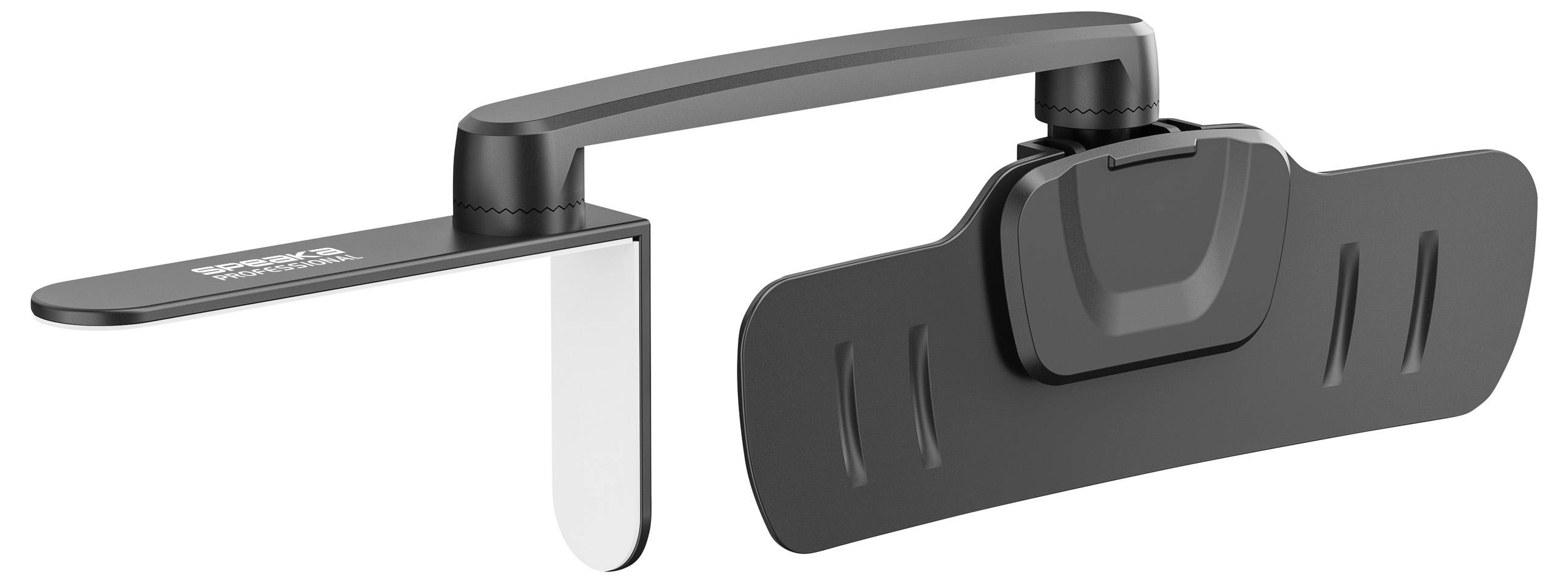 A black magnetic wall-mounted holder with an adjustable arm and a transparent shelf, with no visible contents.