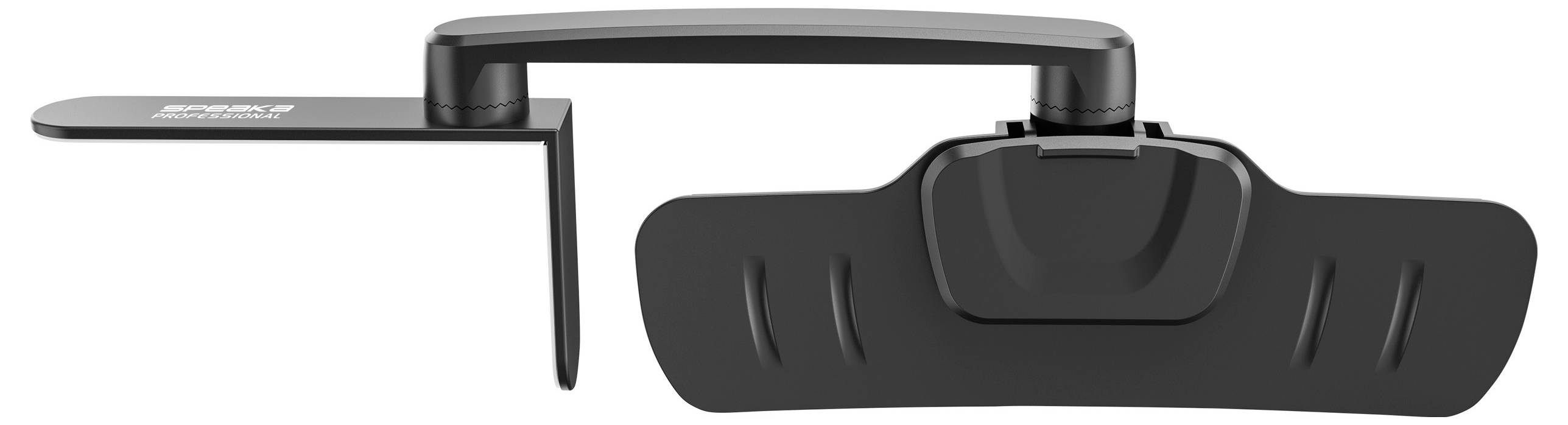 A black plastic mounting bracket with an adjustable arm and a flat plate designed for attachment to a surface.