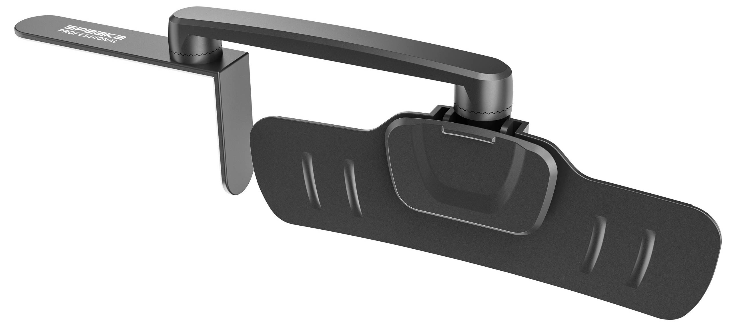 A black device with a lever and sealing surface, possibly a closure or mounting component with multiple grooves.