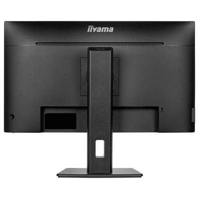 'A black computer monitor with a flat, rectangular back panel, supported by a sturdy stand. The brand name is visible at the top.'