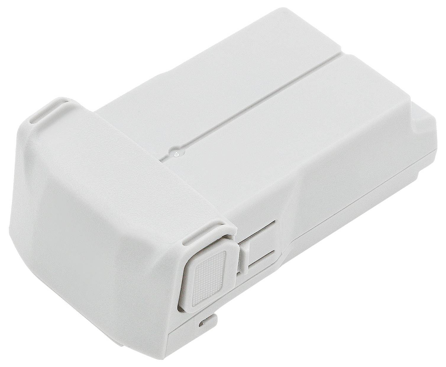 A white electric switch or sensor with rounded corners and a large button on the side, positioned on a white surface.