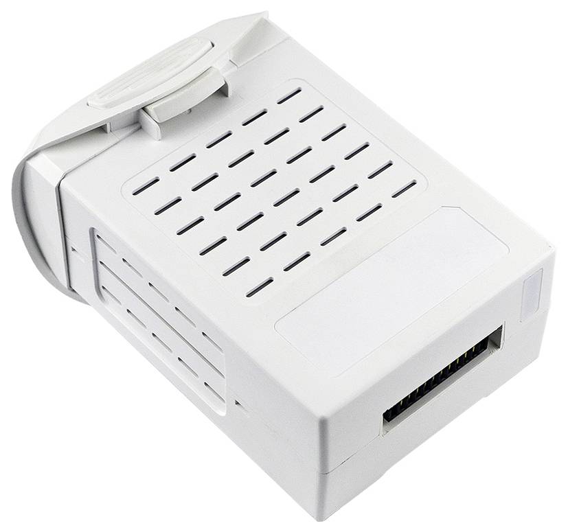 A white electronic adapter with ventilation slots and a side plug socket, for electrical devices.