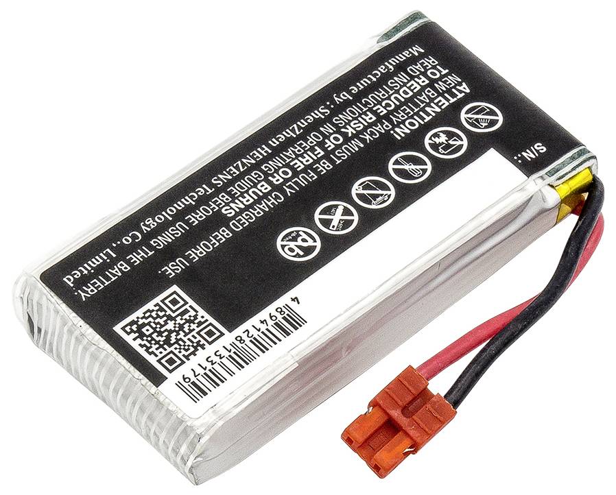 Rectangular lithium-polymer battery with warning labels on the front and two connected cables.