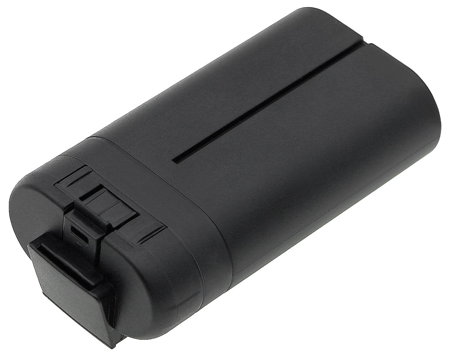 Black, rectangular battery with terminals at one end, lying on a white surface. Suitable for electronic devices.