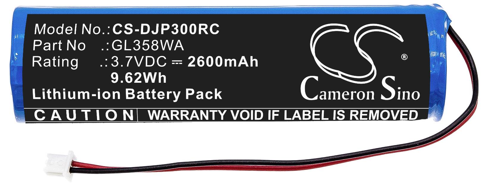 'Cylindrical lithium-ion battery, blue, CS-DJP300RC model by Cameron Sino, 3.7VDC, 2600mAh, 9.62Wh, with cables and connector.'