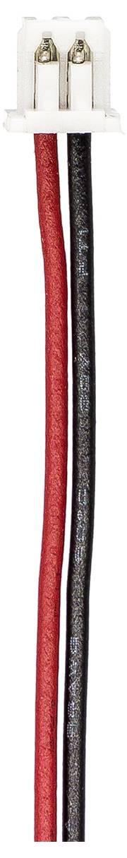 A connector with two wires, one red and one black, running alongside each other.