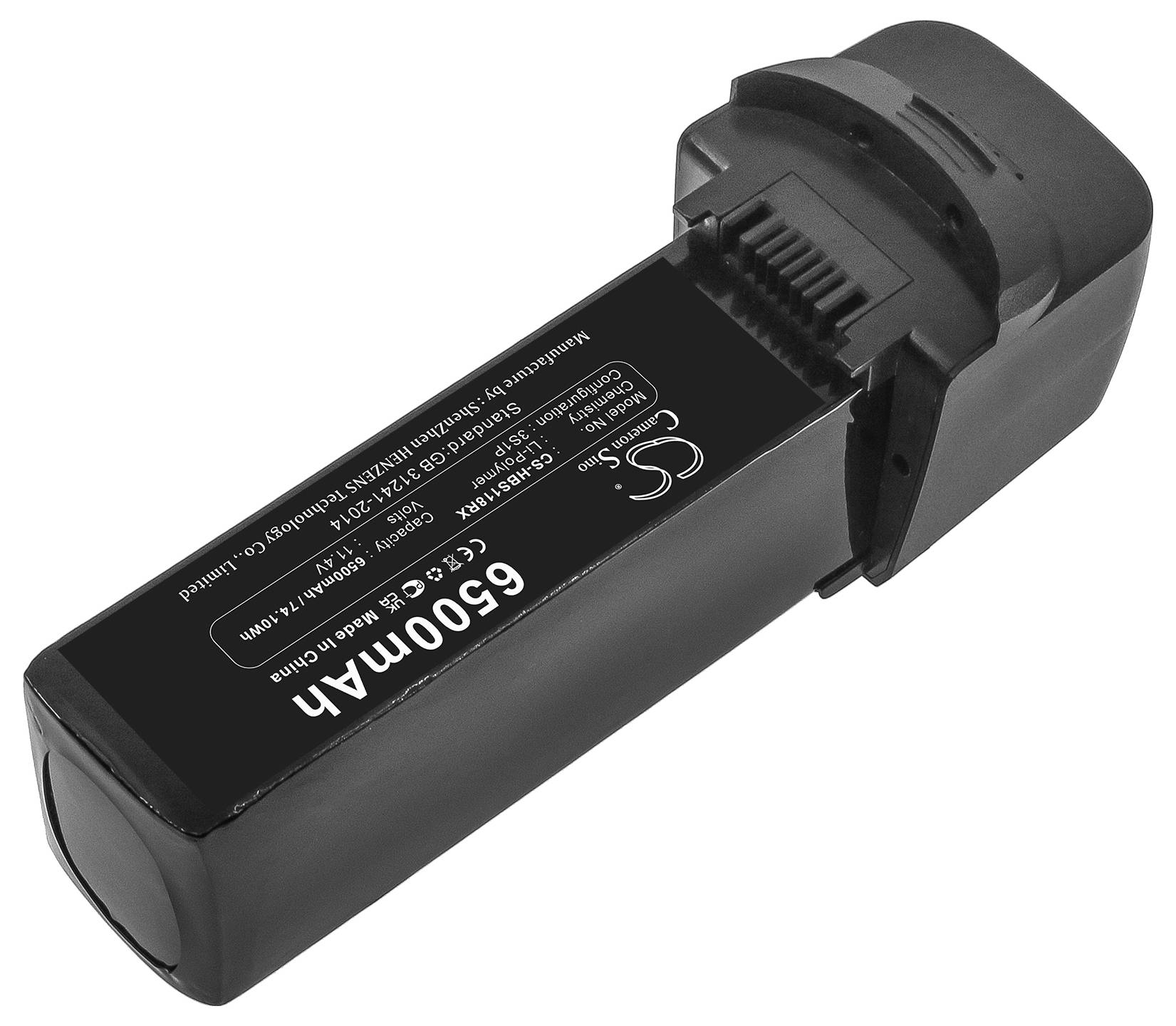 Black lithium-ion battery with a capacity of 650mAh, positioned horizontally, with contacts at one end.