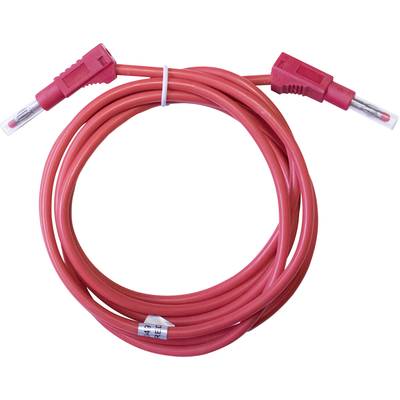 Red cable with two plugs, coiled in a loop. Suitable for electronic connections or device connections.