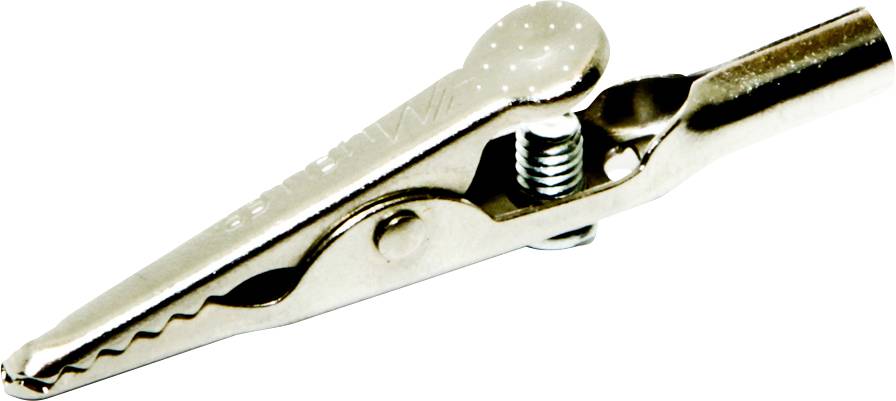 'This illustration shows a metal crocodile clip with serrated jaws and a spring, primarily used as an electrical connector.'