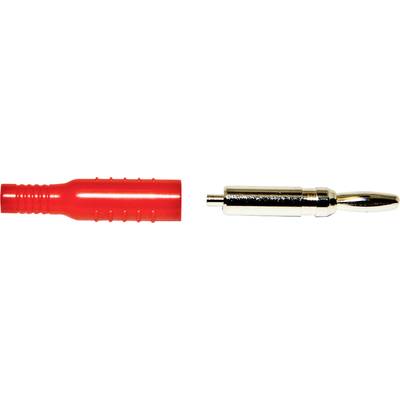 'Close-up of a red banana plug next to a metallic banana plug. Both are components for electrical connections.'