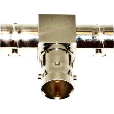 'Metallic T-connector with three pipe connections, gleaming and reflective, used for connecting pipe systems.'