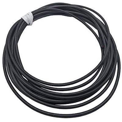 A reel of black cable, loosely coiled, lies on a white background.