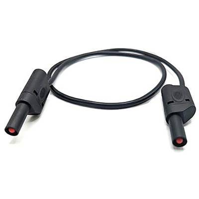 A black electric cable with two red pin plugs at both ends, suitable for electronic connections.