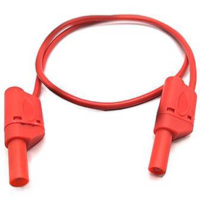 A red electric cable with two identical plugs, suitable for technical or electronic applications.