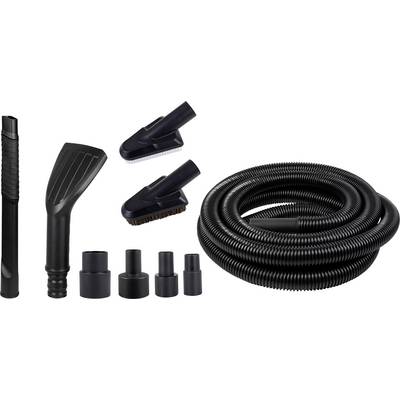 Vacuum cleaner accessory set with hose, brush attachments and connecting pieces, suitable for cleaning a wide variety of surfaces.