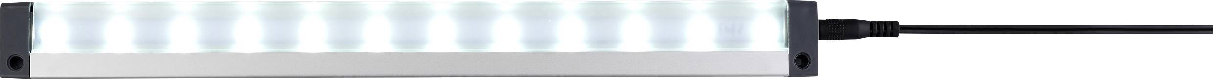 A rectangular LED light bar with a black cable attached on the right side, displaying an even glow across its surface.