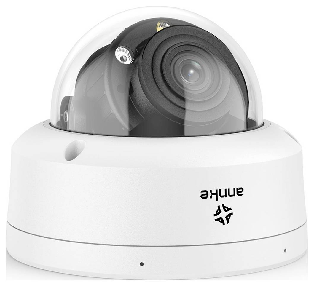 White surveillance camera with dome lens, mounted on a base, suitable for indoor and outdoor monitoring.