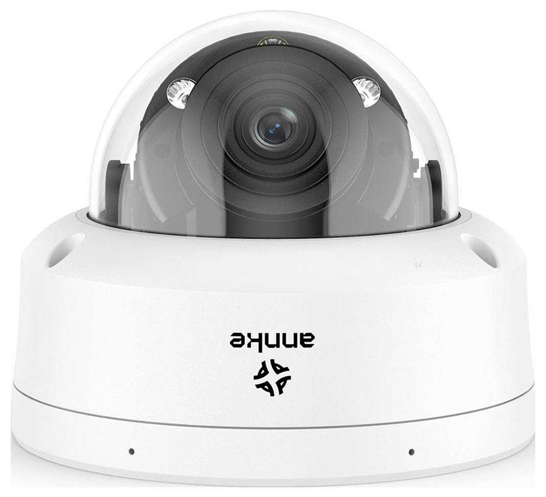 Security camera in a hemispherical housing, white, standing upright. Suitable for security purposes indoors.