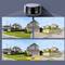 A picture shows a device with two camera lenses. Each lens captures a different viewing angle of a residential street, together covering 180 degrees.