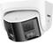 A white security camera with two lenses and infrared lights, brand logo on the side. Designed for surveillance.