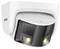 Surveillance camera with dual lenses, mounted in a white housing. It features integrated night vision lights.