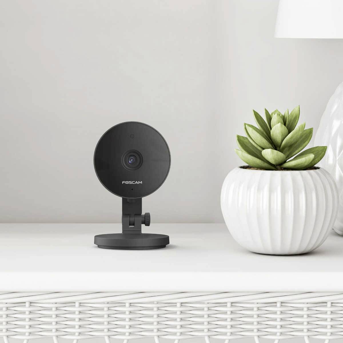Black surveillance camera on a white table next to a green cactus in a white pot, against a light background.