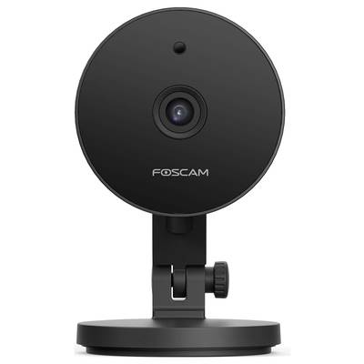 Black, round security camera on a stand, branded 'Foscam', showing the lens at the front.