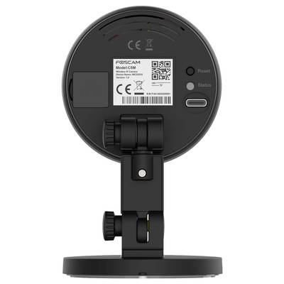 'Rear view of a surveillance camera with CE mark, reset and status button. Manufacturer: Foscam, Model: C1. Serial and model number visible.'