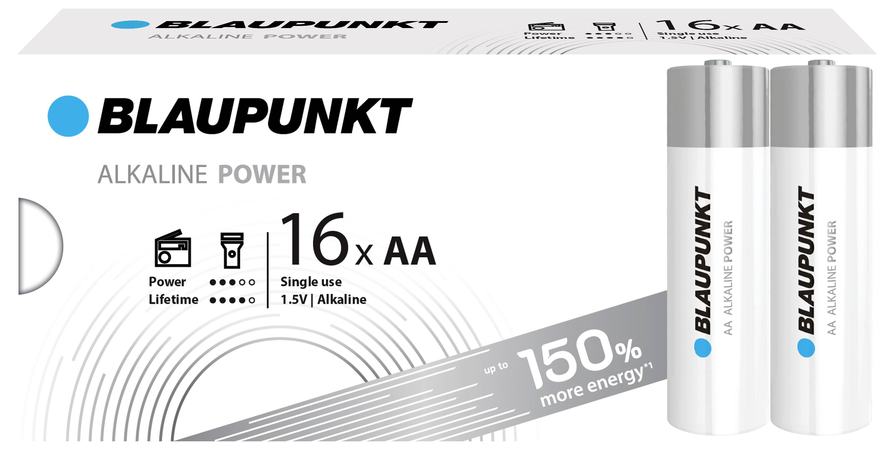 Packaging for 'BLAUPUNKT' AA Batteries. Contains 16 Alkaline Batteries with 1.5V. Promises 150% more Energy.