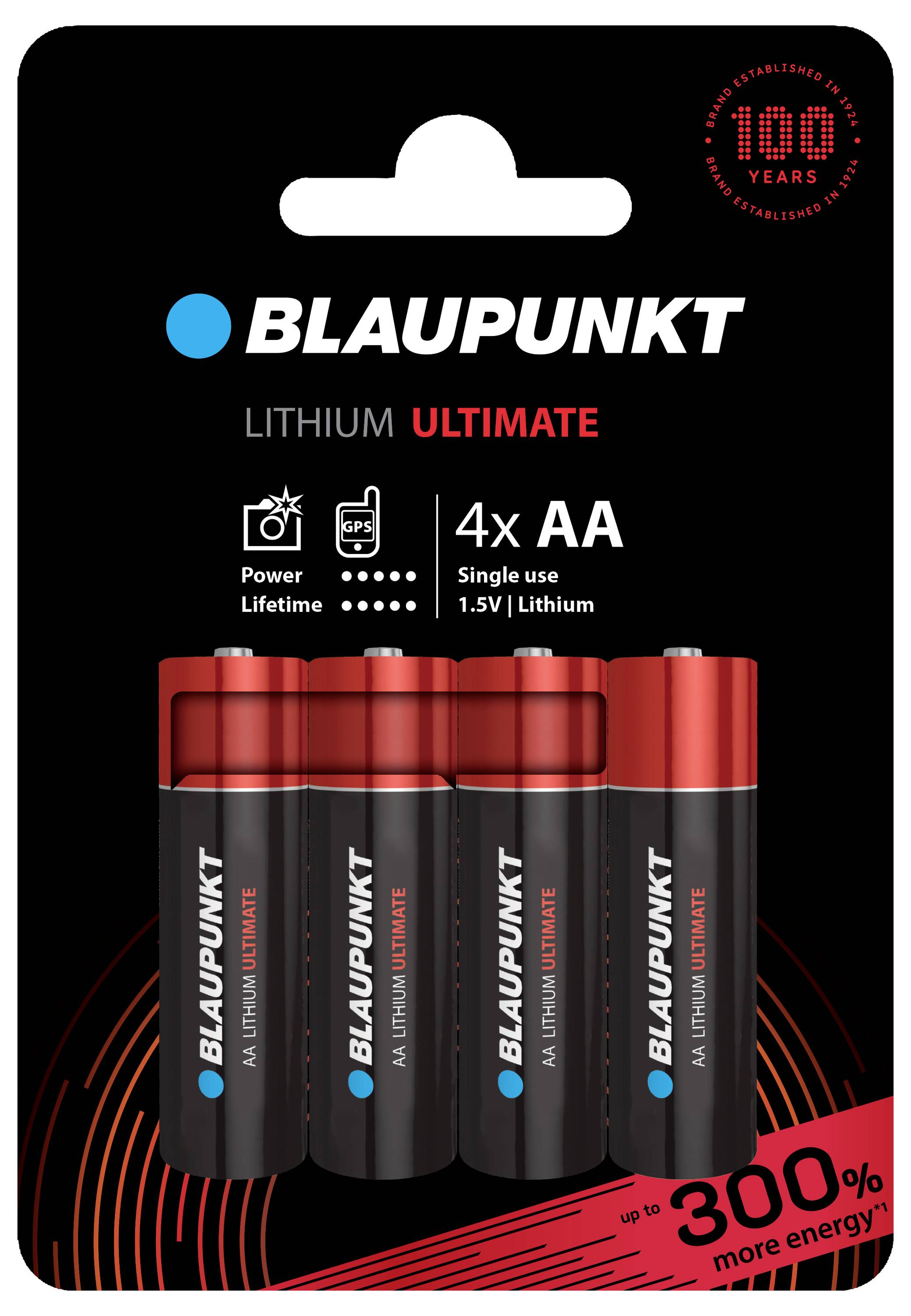 Pack of four AA 'Blaupunkt' Lithium Ultimate batteries, 1.5V, emphasising long-lasting performance, 300% more energy.