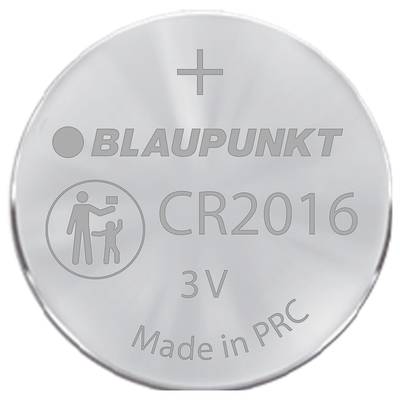 Silver button cell with 'Blaupunkt' inscription, type 'CR2016', voltage '3V', manufactured in 'PRC'; warning symbol for small parts.
