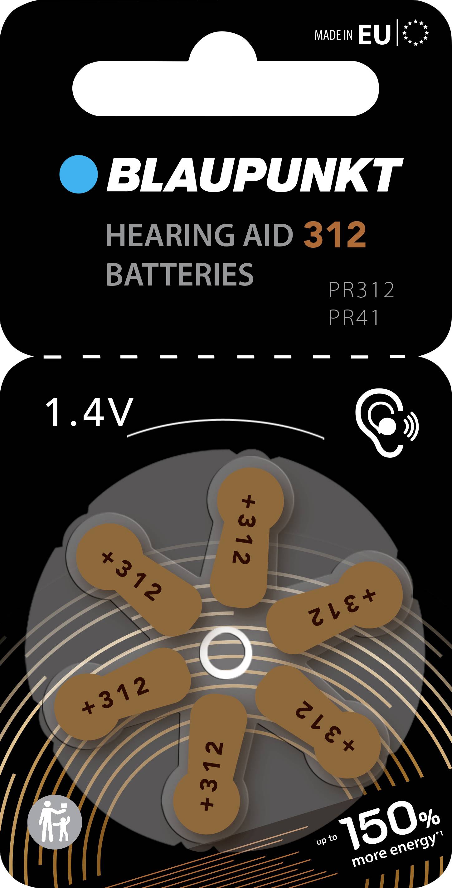 'BLAUPUNKT' Hearing Aid Batteries, Type 312, 1.4V. Packaging shows six batteries with '312' print. Note: 150% more energy.