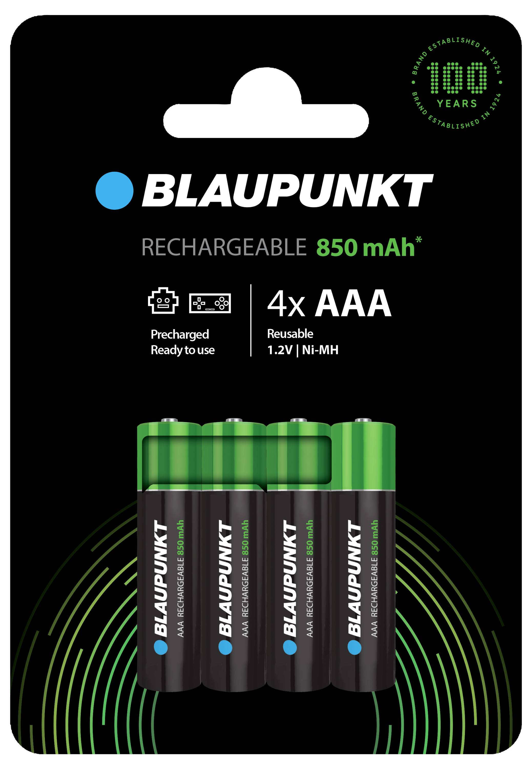 Four rechargeable AAA batteries by BLAUPUNKT, 850 mAh, 1.2V, Ni-MH. Packaging displays '100 Years' anniversary seal.