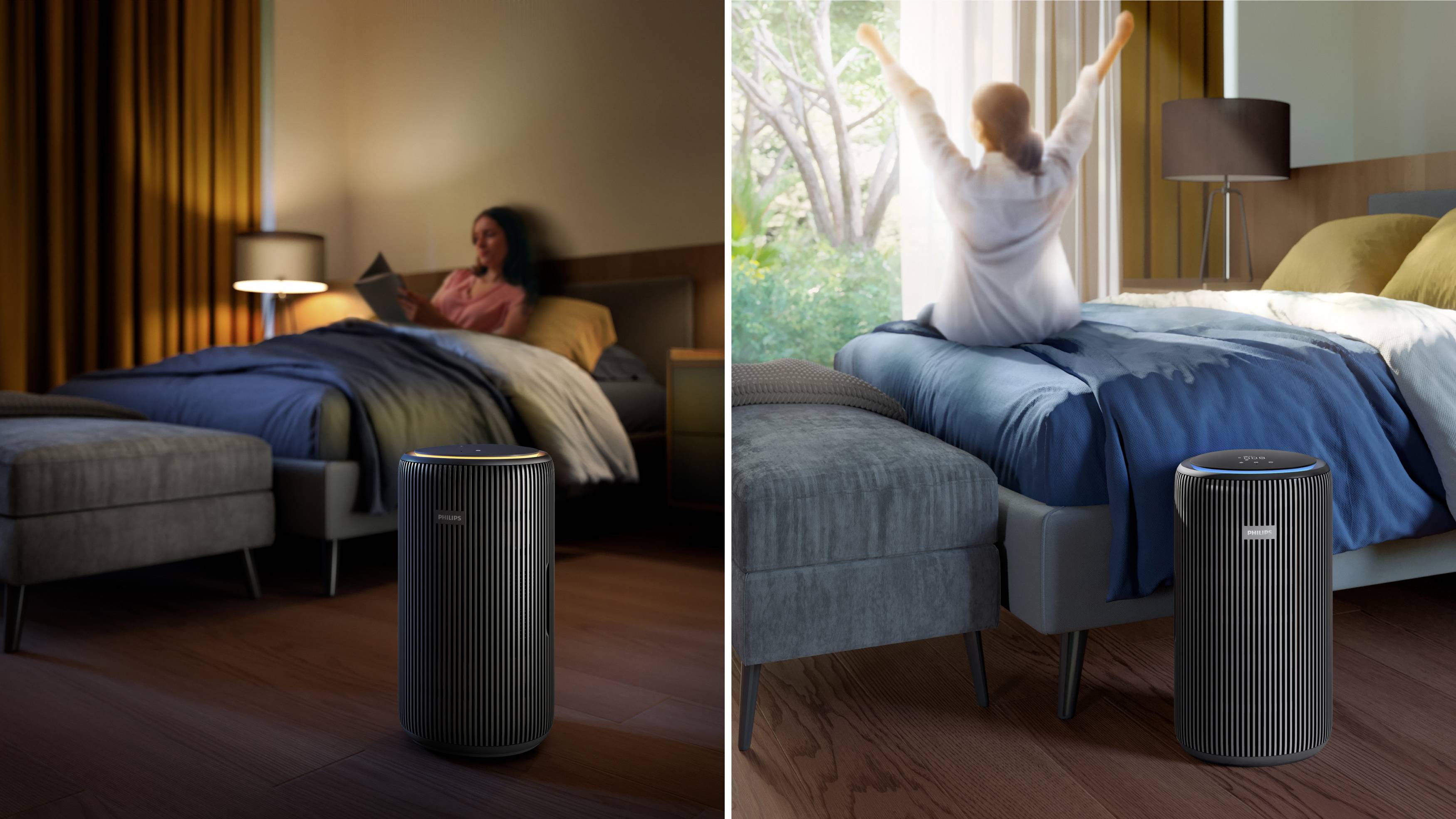 An air purifier in two scenes: on the left, a woman in a dimmed room; on the right, a woman stretching in a bright, sunlit room.