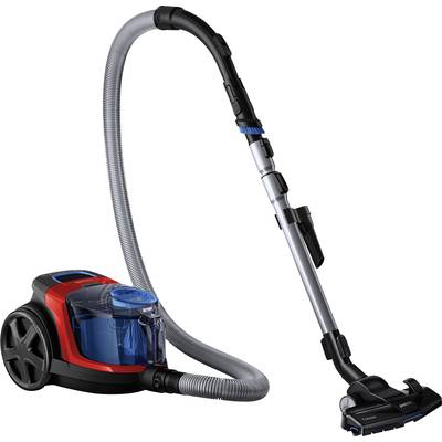 A red and black vacuum cleaner with a transparent blue container and silver telescopic tube, mounted on wheels.