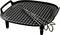 A black griddle with a grid pattern and three metal skewers on it. The plate has short legs and a handle.
