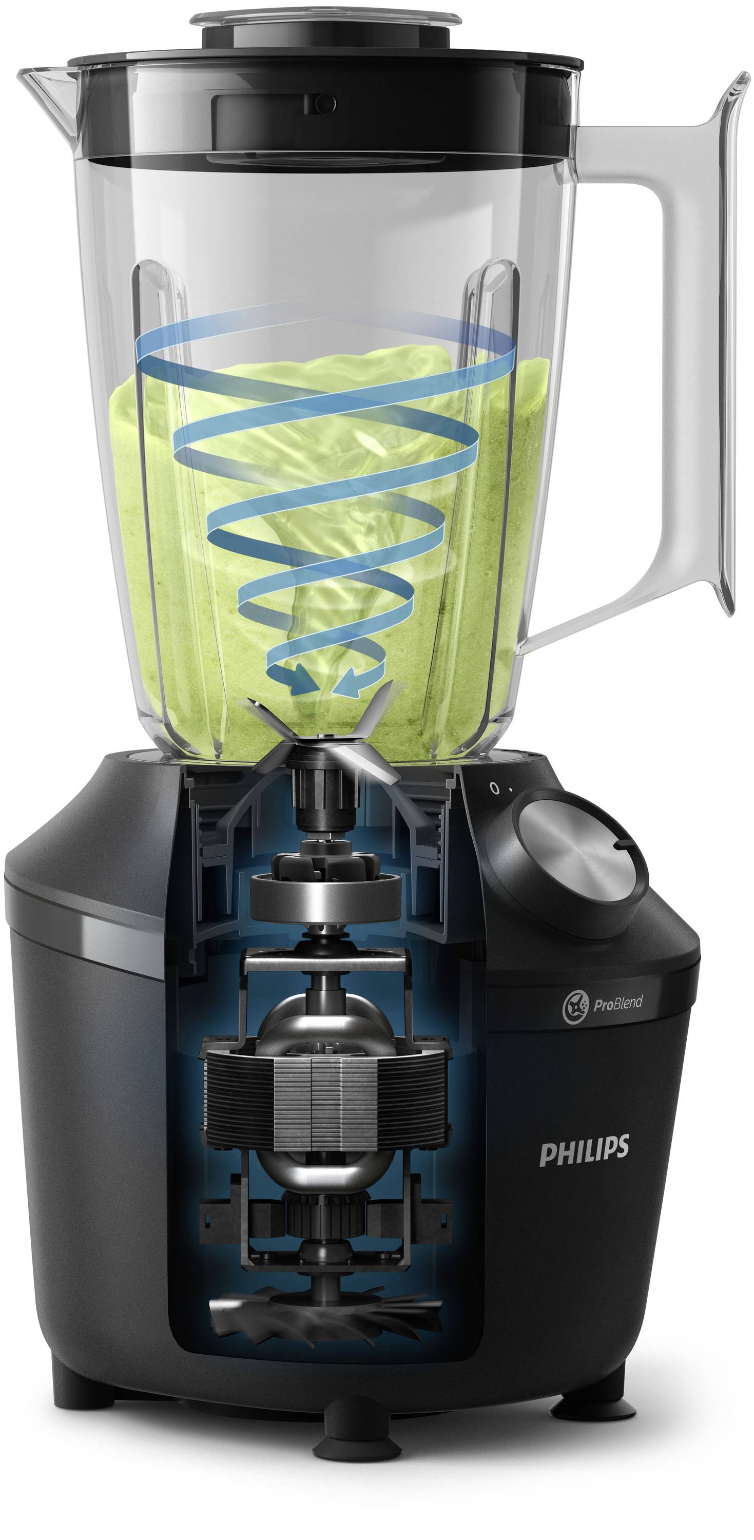 A Philips blender chops green ingredients with a spiral cutting motion. The motor is visible in the lower part of the appliance.