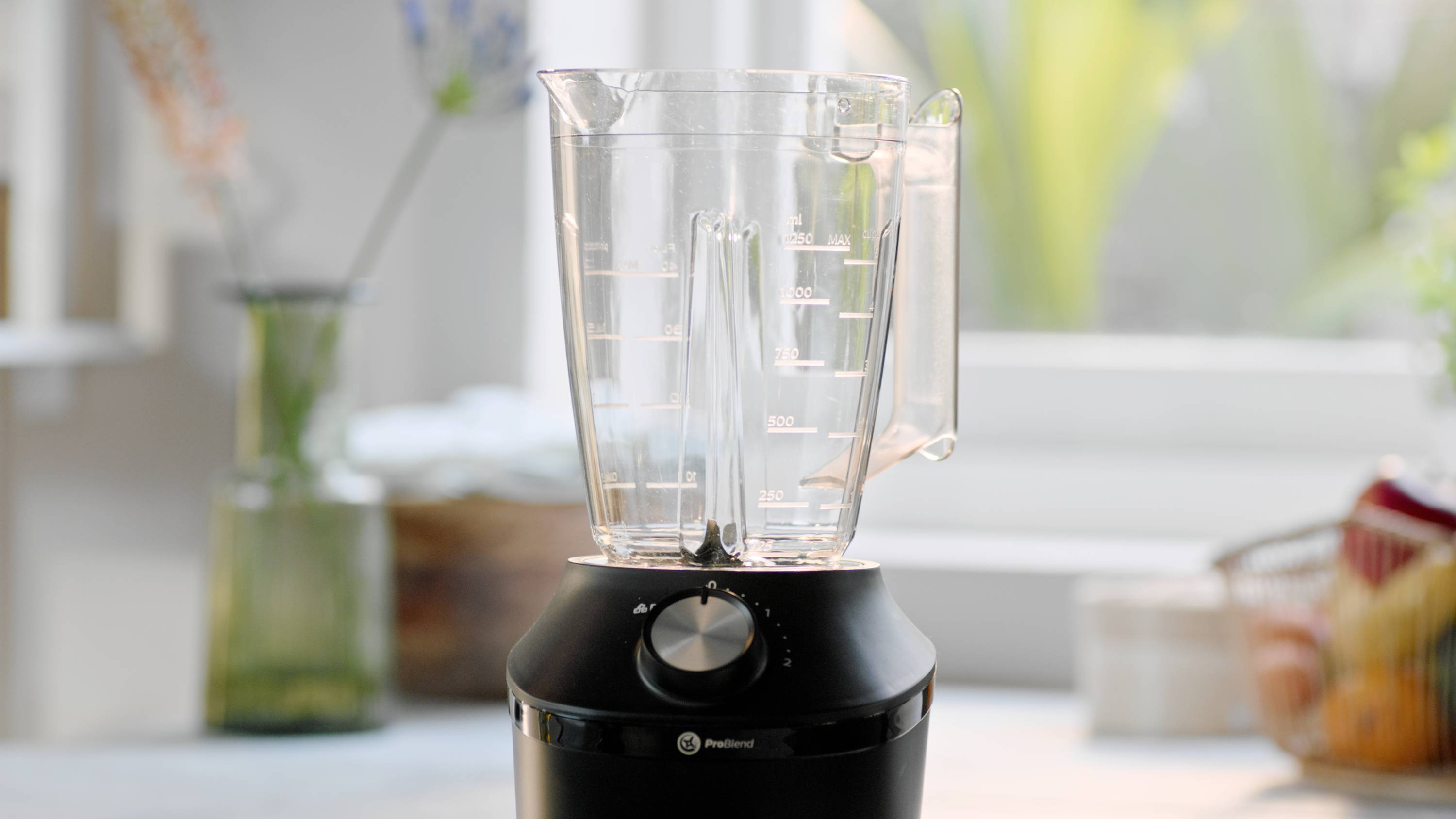 An empty blender sits on a kitchen worktop. Blurred plants and kitchen utensils are visible in the background.